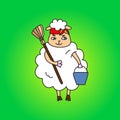 A sheep housewife with a bucket and a mop. Vector drawing.