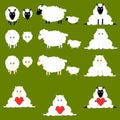 Sheep Icon Set Collection in Black, White and Beige with Lambs and Holding Red Hearts on Dark Green Background