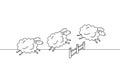 Sheep jump over the fence. Doodle outline simple style. Horizontal drawing night sleeping theme