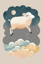 Sheep jumping over the moon. Children watercolor illustration, poster.