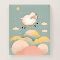 Sheep jumping over the moon. Children watercolor illustration, poster.