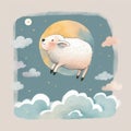 Sheep jumping over the moon. Children watercolor illustration, poster.