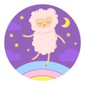 The sheep jumps on the rainbow and smiles. The concept of sleep, dreams, children's insomnia. The concept of sleep