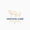 Sheep and Lamb Abstract Vector Sign, Symbol or Logo Template. Hand Drawn Sheep and Little Lamb Sillhouettes with Classy