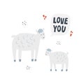 Sheep with lamb. Hand drawn vector illustration with lettering. Mother animal with her baby says love you Royalty Free Stock Photo