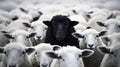 Sheep and lambs in a flock. Black sheep and white sheep. Generative AI