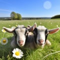 Sheep and lambs. Two little baby goats playing in the meadow. Royalty Free Stock Photo