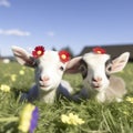 Sheep and lambs. Two little baby goats playing in the meadow. Royalty Free Stock Photo