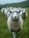 Sheep is looking at the camera and standing in green pasture with other sheep in the background Royalty Free Stock Photo