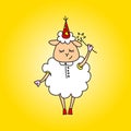 The sheep is a magician with a magic wand. Vector drawing