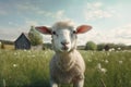 grass animal meadow green wool sun field sheep farm lamb. Generative AI.