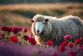 a sheep in the middle of a field with flowers on it