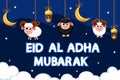 Sheep, month and lantern hanging on a rope in the night sky. The Muslim holiday Eid al-Adha