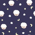 Sheep, moon and stars, baby adorable seamless pattern, pajamas concept for childhood background texture vector cartoon Royalty Free Stock Photo