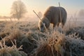sheep nibbling on frosty grass in a field Royalty Free Stock Photo