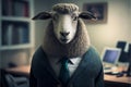 A sheep in an office suit sits at a desk working on a computer in the office. Royalty Free Stock Photo