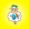 Sheep painter with paints in hands and brush. Vector drawing.