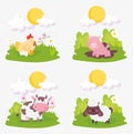 Sheep pig cow chicken chicks clouds sun farm animals