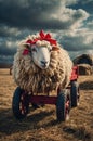 Adorable Sheep with Red Bow Riding a Vintage Red Wagon on Farm Royalty Free Stock Photo