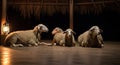 Sheep rest under thatched roof illuminated by lantern Royalty Free Stock Photo