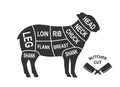 Sheep scheme cuts. Butcher diagram poster. Meat diagram scheme illustration. Cuts of sheep meat. Farm animal silhouette. Royalty Free Stock Photo