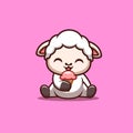 Sheep Sitting Eating Ice Cream Cute Creative Kawaii Cartoon Mascot Logo