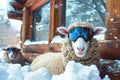 sheep with ski goggles by a snowy cabin window Royalty Free Stock Photo