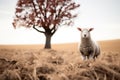 a sheep standing in a field next to a tree Royalty Free Stock Photo