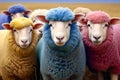 Sheep standing in a row and thinking in colorful pullovers