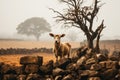 a sheep standing on a stone wall in a foggy field Royalty Free Stock Photo