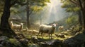 Hyper-realistic Depiction Of Sunlit Sheep In Majestic Mountain Landscape