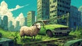 Sheep On Broken Car In Post-apocalyptic City - Anime Style Vector Art