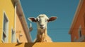 Minimalist Visual Storytelling: A Cute Goat On A Yellow Fence