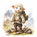 Fantasy-inspired Art: Cute Lamb In Mountains With Bag And Backpack