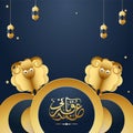 Sheep with stylish calligraphy of Eid Al Adha Mubarak in circular frame on shiny night view background decorated with hanging