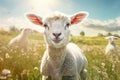 sheep sun field meadow animal grass wool farm green lamb. Generative AI.
