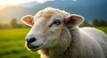 A sheep with thick, fluffy white wool is in focus against a blurred background of lush green fields and distant hills. Royalty Free Stock Photo
