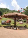 Sheep under shelter and haystacks in the form of angry birds