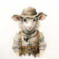 Watercolor Sheep In Cowboy Hat: Detailed Character Illustration With Expressive Watercolors