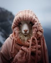 Sheep wearing pastel pink knitwear and hoodie, fashion show model,mountain shooting scene, AI generated illustration model