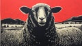 Intense Sheep Linocut Print On Red Background