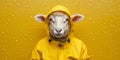 Sheep wearing yellow raincoat isolated on yellow background Royalty Free Stock Photo