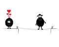 Sheep silhouettes on wire on love, vector. Sheep couple in love with red hearts illustration. Cartoon character isolated Royalty Free Stock Photo
