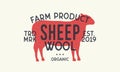 Sheep wool. Vintage logo, print. Retro poster. Sheep silhouette. Vector Illustration