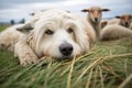 sheepdog lying in green grass next to resting sheep Royalty Free Stock Photo