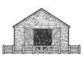 Sheepfold, barn for farm animals. Engraving raster illustration. Sketch scratch board imitation.