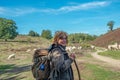 Sheepherder herding her sheep at Veluwe national park 9-2018