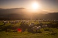 sheeps eating grass in the mountains at sunset Royalty Free Stock Photo