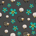 Sheeps and flowers dark sheep on dark gray background, seamless vector pattern