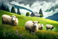 Sheeps grazing on a green summer meadow. Sheep graze on field. Sheep farm. Generative AI. Royalty Free Stock Photo